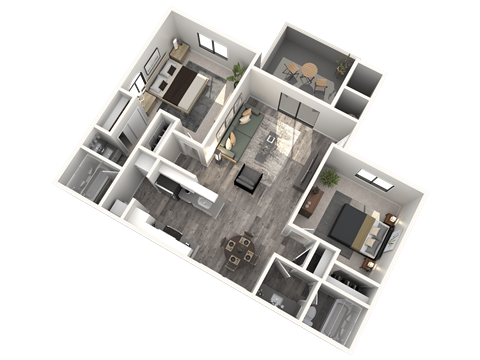 A 3D floor plan of a house with a living room, kitchen, dining room, and two bedrooms.